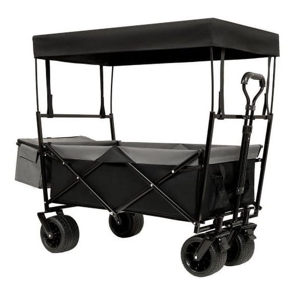 DreamBuck 480Lbs Collapsible Wagon with Canopy, All-Terrain 7" Wheels, Lightweight Foldable Wagon with Mosquito Net, Large Capacity for Camping, Shopping, Sports, and Garden Use - Black