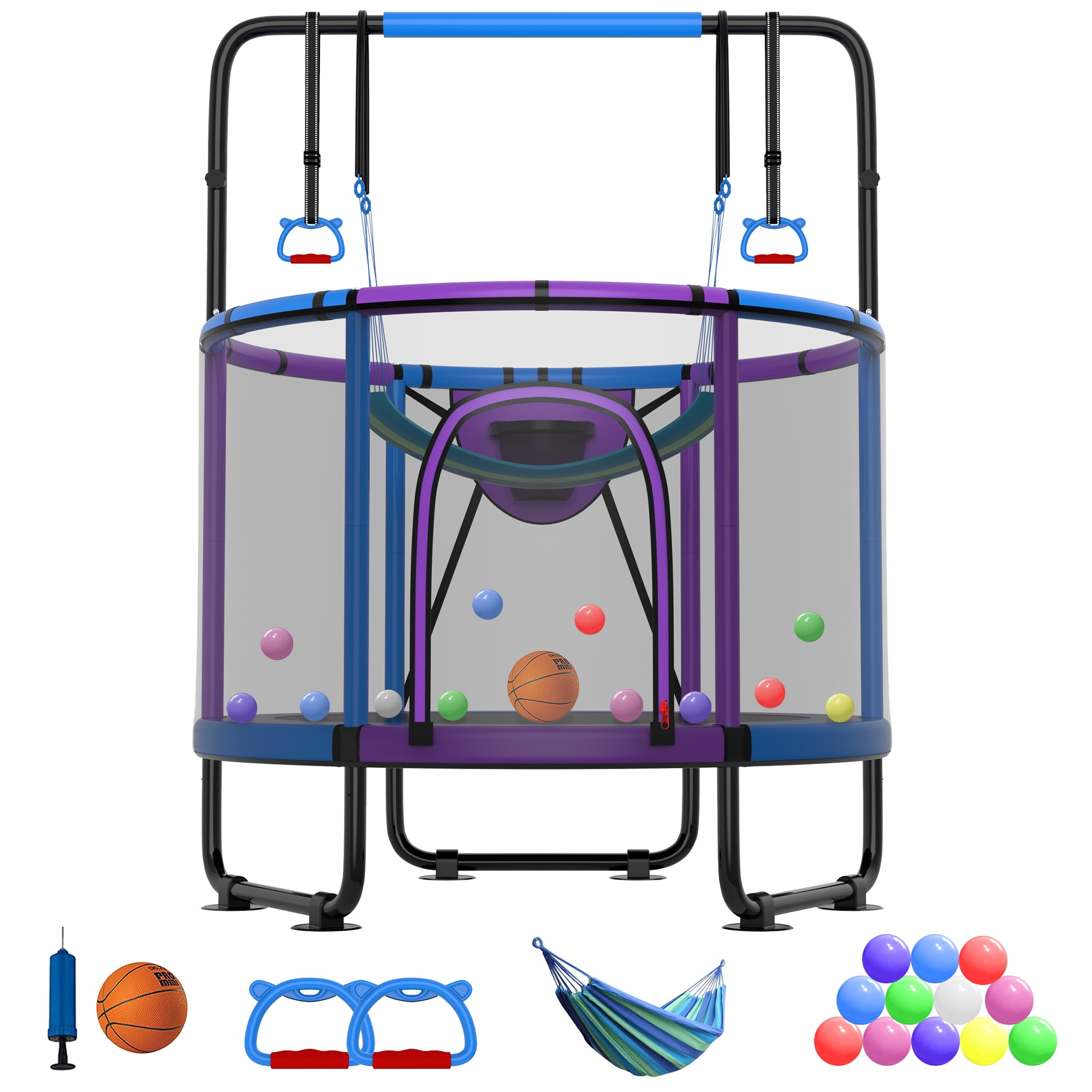 CITYLE 500LBS Trampoline for Toddlers 4.5FT 54'' Indoor Mini Trampoline for Kids with Enclosure, Basketball Hoop, Swing, Adjustable Bar, Small Toddler Trampoline Gifts for Boys & Girls
