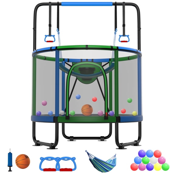 CITYLE 600LBS Trampoline for Toddlers 5.5FT 66'' Indoor Mini Trampoline for Kids with Enclosure, Basketball Hoop, Swing, Adjustable Bar, Small Toddler Trampoline Gifts for Boys & Girls