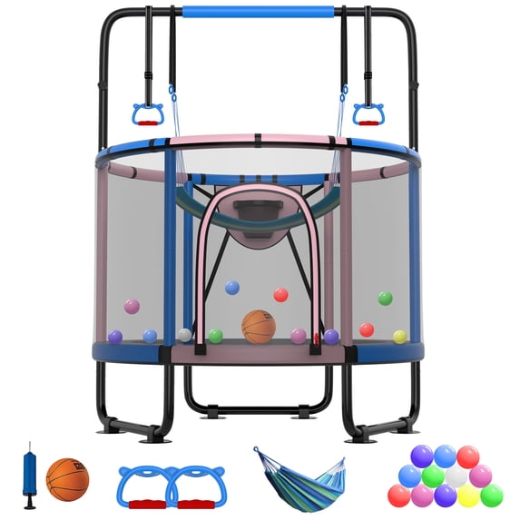 CITYLE 600LBS Trampoline for Toddlers 5.5FT 66'' Indoor Mini Trampoline for Kids with Enclosure, Basketball Hoop, Swing, Adjustable Bar, Small Toddler Trampoline Gifts for Boys & Girls