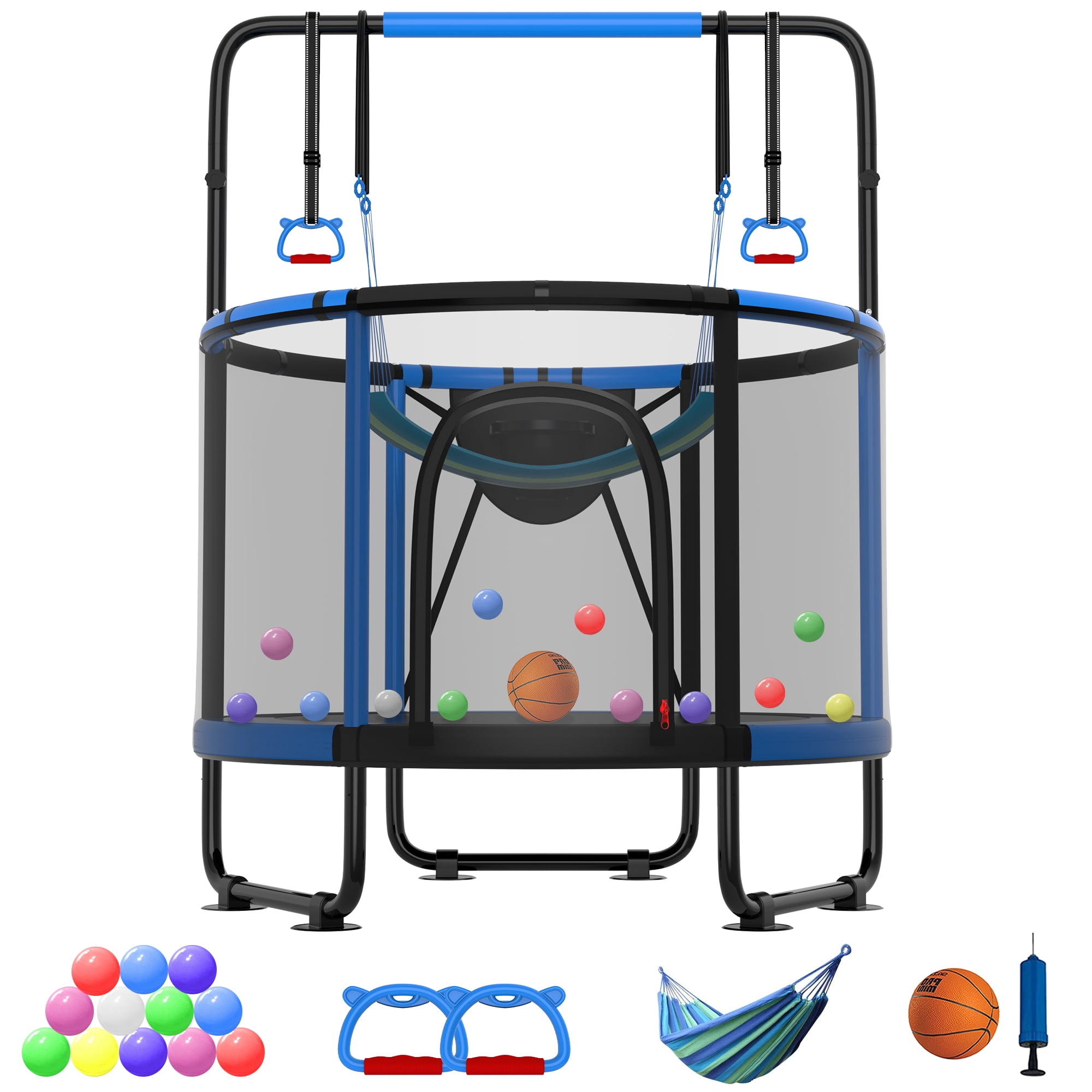CITYLE 600LBS Trampoline for Toddlers 5.5FT 66'' Indoor Mini Trampoline for Kids with Enclosure, Basketball Hoop, Swing, Adjustable Bar, Small Toddler Trampoline Gifts for Boys & Girls