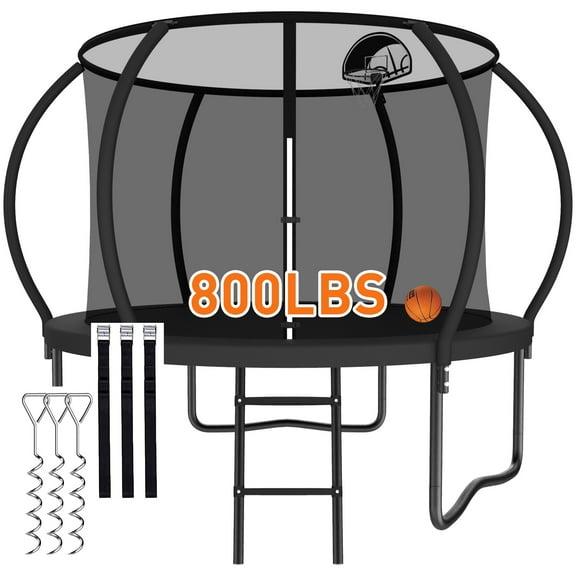 CITYLE 8FT Trampoline with Enclosure Net, Outdoor Trampoline for Kids and Adults, 800LBS Trampoline with Basketball Hoop, Galvanized Steel Heavy Duty Trampolines with Wind Stakes, Xmas Gift