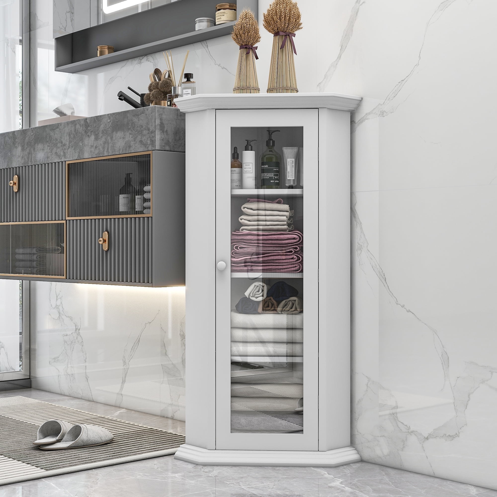 CITYLE Bathroom Cabinet, Freestanding Bathroom Cabinet with Glass Door ...
