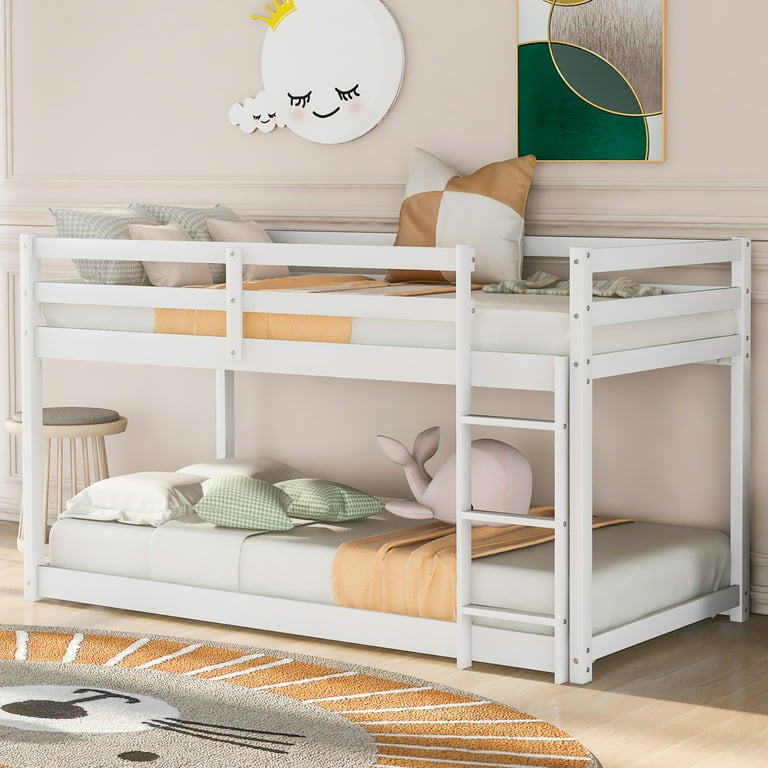 CITYLE Bunk Bed for Kids Twin over Twin Wood Floor Bunk Bed with Ladder Low Bunk Bed with Safety Guardrail for Kids Teens Kids No Spring Needed