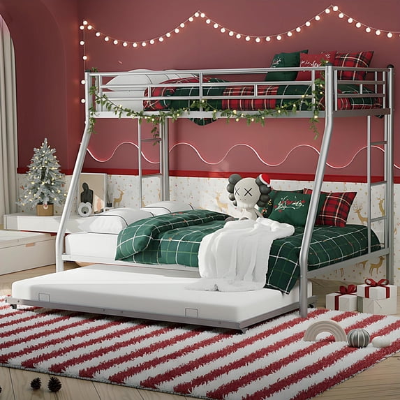 CITYLE Bunk Bed Twin over Full Bunk Bed with Trundle, Metal Triple Bunk Bed for Teens, Adults, Heavy Duty Twin Bunk Bed with Guardrail and 2 Ladder, Easy Assembly, Silver