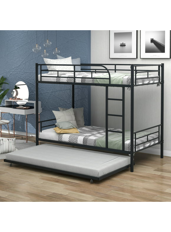 CITYLE Bunk Beds Twin over Twin Bunk Bed with Trundle,  Convertible into Two Beds, Metal Triple Bunk Bed for Kids Teens Adults with Full Length Guradrail and Built-in Ladder, Noise Free, Black