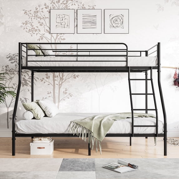 DreamBuck Bunk Beds Twin over Full Size, Metal Bunk Bed with Ladder and Full-Length Guardrails, Twin over Full Bunk Bed for Teens and Adults, Noise Free, Easy Assembly, Black