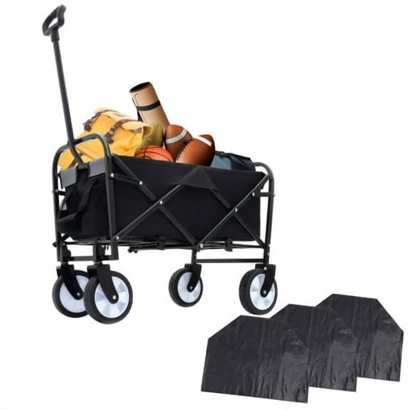 CITYLE Collapsible Foldable Wagon Cart with Plastic Liner & Cover Set, Heavy-Duty Utility Cart for Beach, Camping, Gardening, Shopping & More | Supports 225 lbs | All-Terrain 360° Wheels | Black