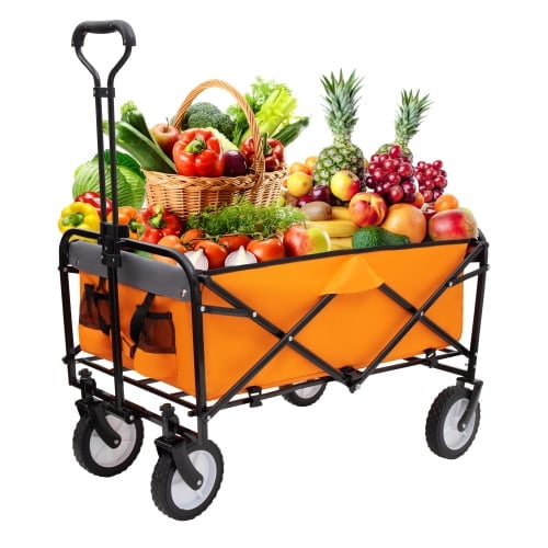DreamBuck Foldable Garden Wagon with Strapping System, Collapsible Multi-Use Utility Cart with 360° All-Terrain Wheels, Heavy Duty Wagon for Beach, Camping, Gardening, and Shopping, Orange