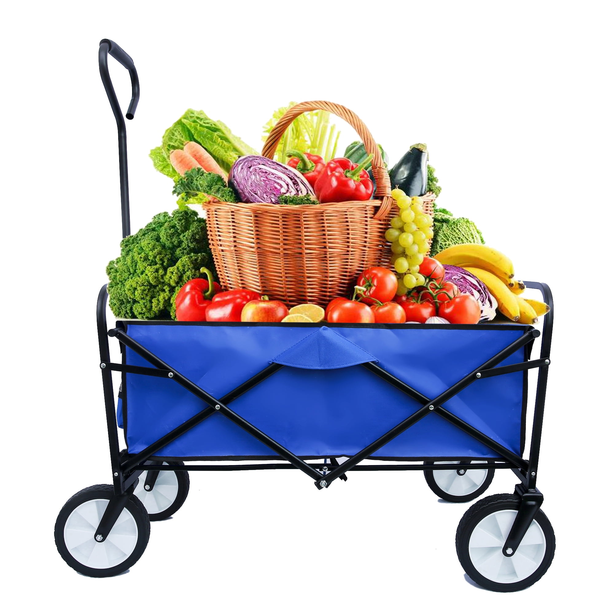 Blue Heavy-Duty Folding Utility Wagon with Adjustable Handle