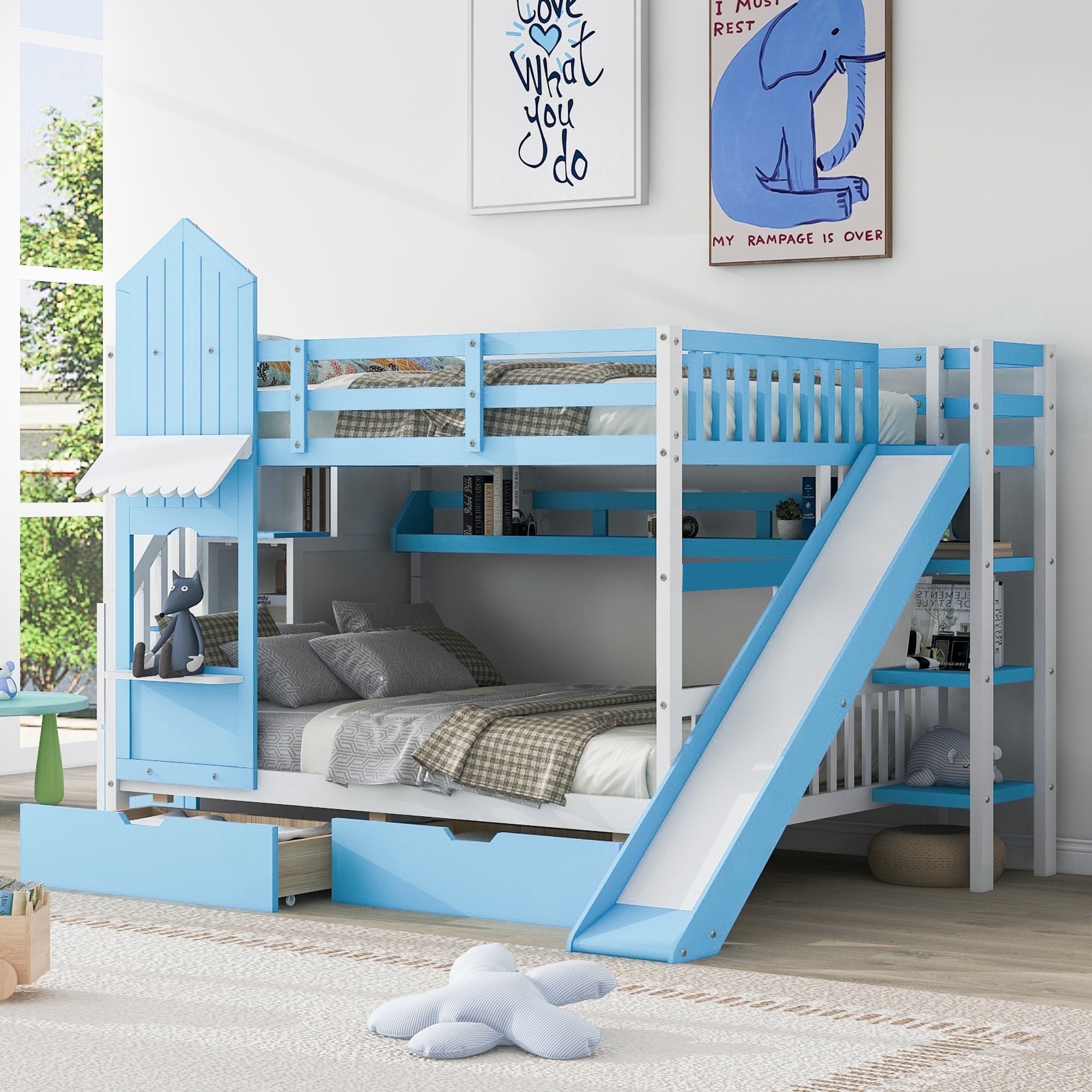 CITYLE Full-Over-Full Castle Bunk Bed with Slide, Stairs, Storage, Wooden  Loft for Kids \u0026 Teens, Blue - Walmart.com, image size:2000x2000