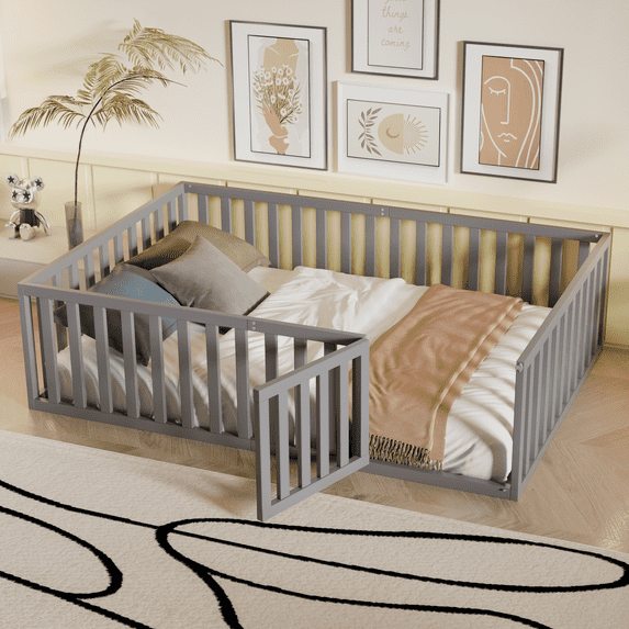 DreamBuck Full Size Floor Bed Frame with Fence and Door, Wood Montessori Bed with Safety Guardrails, Floor Bed Frame for, Boys, Girls, No Box Spring Needed,Gray(No Bed Slats)