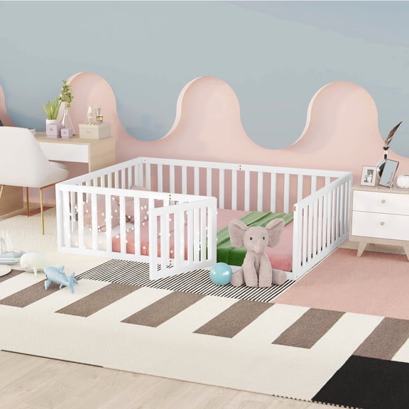 DreamBuck Full Size Floor Bed with Rails fors, Floor Montessori Bed with Fence and Door, Boys and Girls, White(No Slats)
