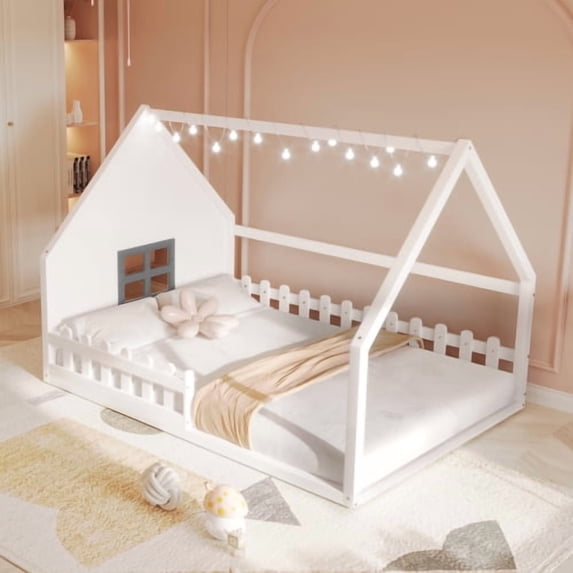 DreamBuck Full Size House Bed for, Wood Montessori Floor Bed with LED Light Floor Bed with Fence and Window, Bed Frame for Girls Boys, White