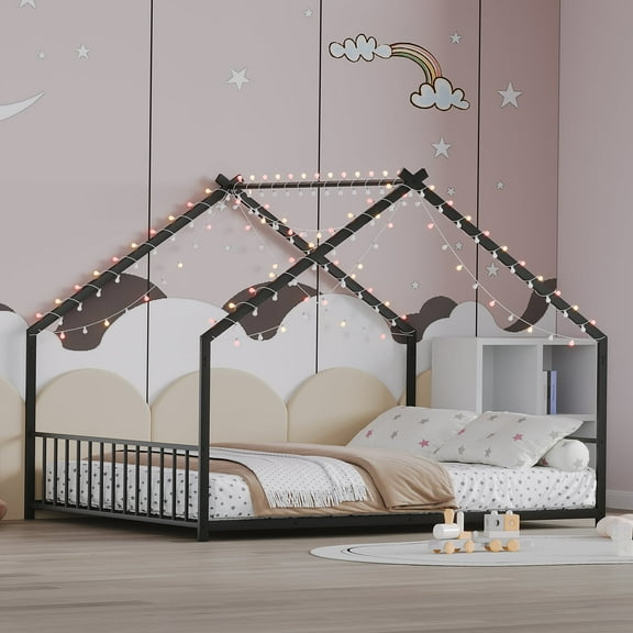 DreamBuck Full Size House Bed with Roof and LED Light Strips, Roof-shaped iron frame bed for Boys Girls and Young Teens, Full Bed Frame for Bed Room, No Noise,Black