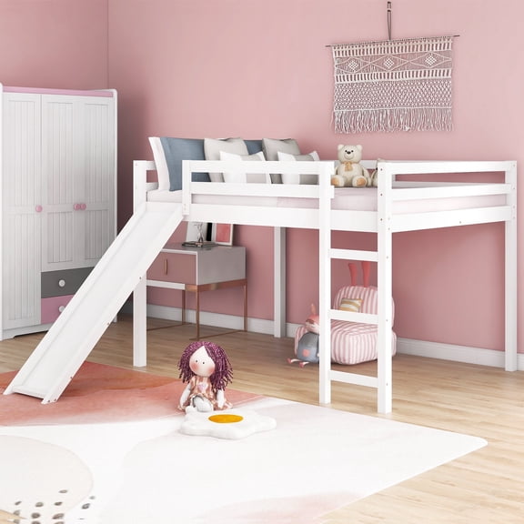 DreamBuck Full Size Loft Bed with Slide and Full-Length Guardrail, Wooden Full Loft Bed fors,Teens, Easy Assembly, White