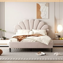 CITYLE Full Size Upholstered Platform Bed with Flower Pattern Velvet Headboard, Full Bed Frame for Kids and Adults, Beige