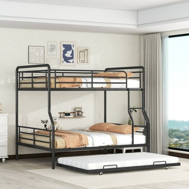 CITYLE Full XL Over Queen Metal Bunk Bed with Trundle, Metal Triple Bunk Bed for 3 Kids and Teens with Safety Guardrails – Space-Saving Design, No Box Spring Needed, Black