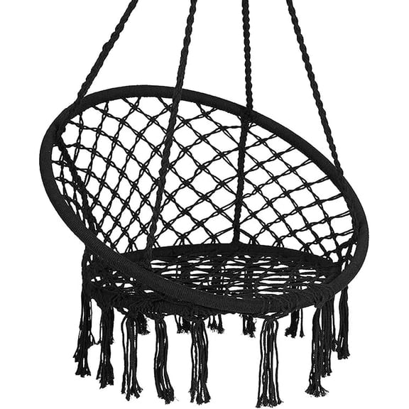 CITYLE Hammock Chair Macrame Swing with Backrest and Fringe Tassels, Max 331 lbs, Hanging Cotton Rope Hammock Swing Chair with Stainless Steel Hardware Kits, for Indoor and Outdoor, Bedroom, Black