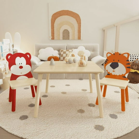CITYLE Kids 3-Piece Table and Chair Set - Cartoon Animals Design (Bear & Tiger) - Easy Assembly - MDF+Pine Material - Ideal for Ages 2 to 6 Years
