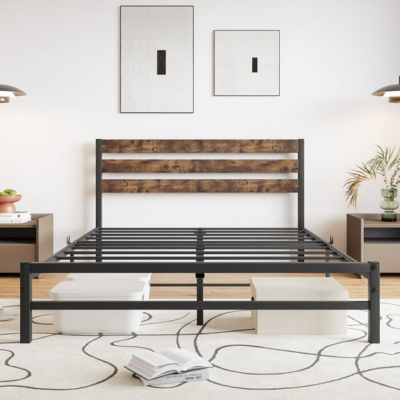 DreamBuck Queen Size Platform Bed Frame with Rustic Vintage Wood Headboard, Strong Metal Slats Support Mattress Foundation, No Box Spring Needed Rustic Brown