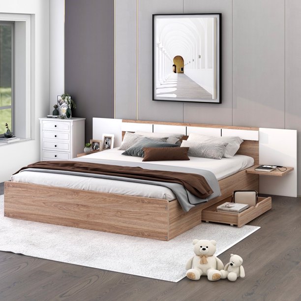 CITYLE Queen Size Platform Bed with Oversize Headboard and Built in Shelf, Wooden Bed Frame with Drawers, USB Ports and Sockets, No Box Spring Needed, Natural