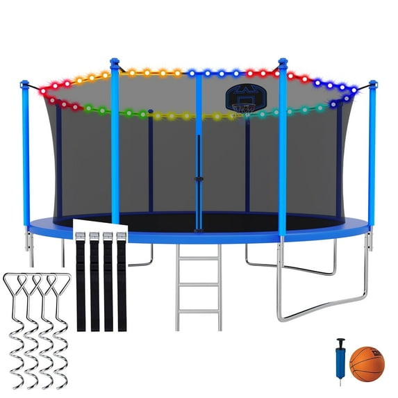 CITYLE Trampoline 12FT Trampoline with Enclosure and Basketball Hoop, 1200lbs Outdoor Trampoline for Adults and Kids with Lights for Christmas, Heavy Duty Backyard Trampoline Last Long
