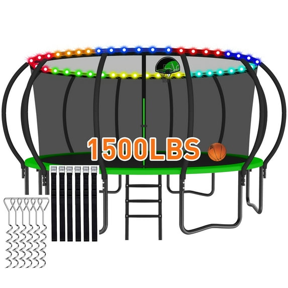 CITYLE Trampoline 1500LBS 12 14 15 16 FT Trampoline for Kids and Adults with Lights, 16FT Trampoline with Enclosure Net, Basketball Hoop, Wind Stakes, Heavy Duty Trampolines Outdoor