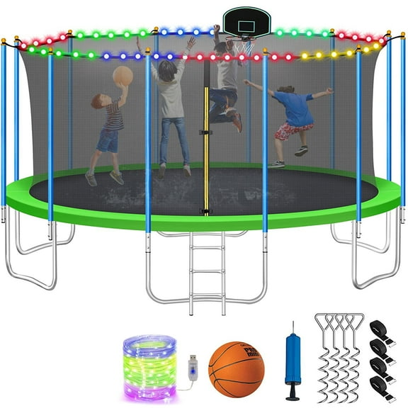 CITYLE Trampoline 16FT with Basketball Hoop for Kids and Adults, Outdoor Trampoline with Enclosure Net and Lights, Adutls Trampoline 16' 1500LBS Weight Capacity