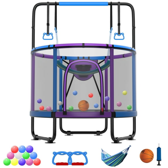 CITYLE Trampoline for Kids 600LBS 5.5FT Toddler Trampoline Indoor Outdoor with Basketball Hoop, Swing, Adjustable Bar, 66'' Mini Small Trampoline with Enclosure, Gifts for Toddlers, Boys & Girls