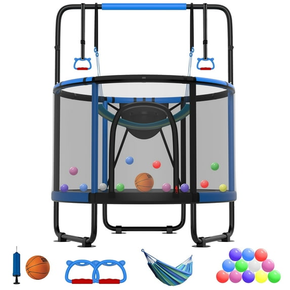 CITYLE Trampoline for Kids 600LBS 60'' 5FT Toddler Trampoline Indoor Outdoor with Basketball Hoop, Swing, Adjustable Bar, Mini Small Trampoline with Enclosure, Gifts for Toddlers, Boys & Girls