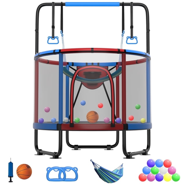 CITYLE Trampoline for Kids 600LBS 60'' 5FT Toddler Trampoline Indoor Outdoor with Basketball Hoop, Swing, Adjustable Bar, Mini Small Trampoline with Enclosure, Gifts for Toddlers, Boys & Girls