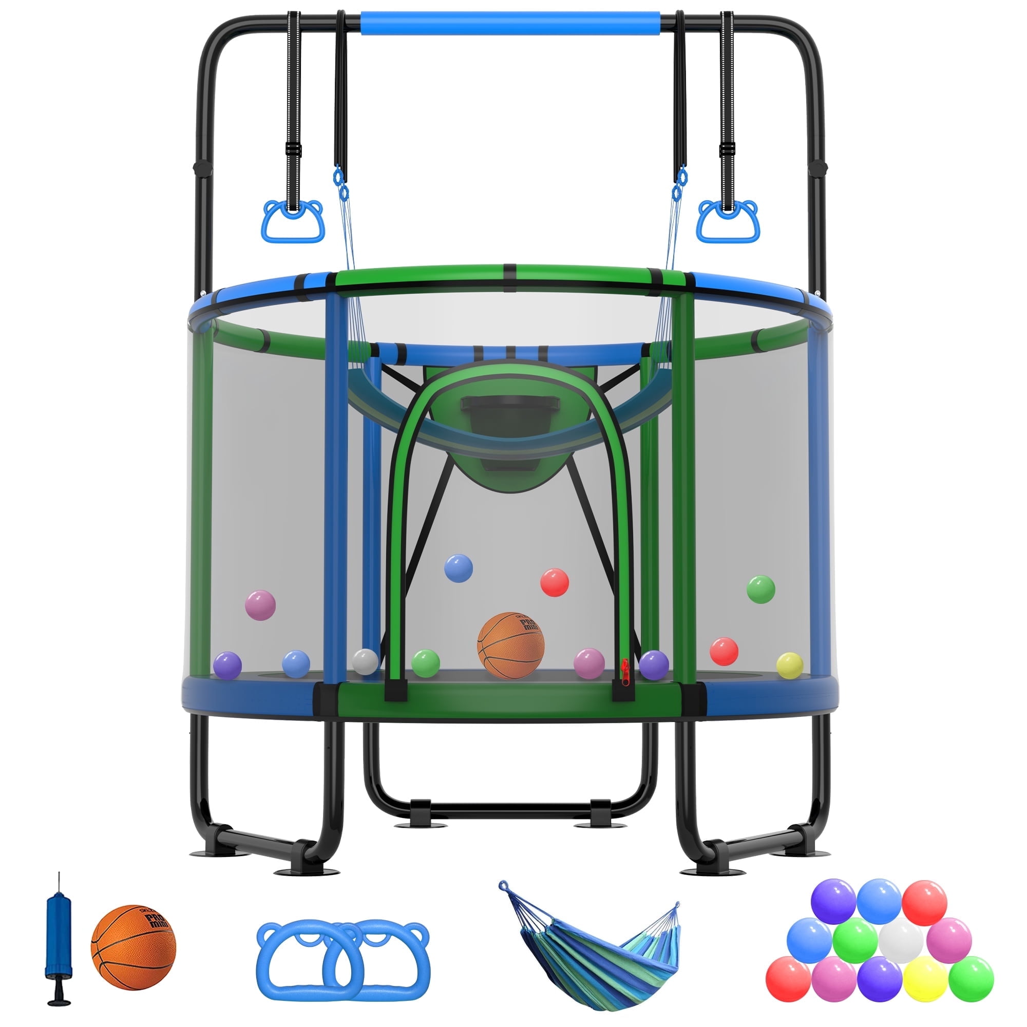 CITYLE Trampoline for Kids 600LBS 60'' 5FT Toddler Trampoline Indoor Outdoor with Basketball Hoop, Swing, Adjustable Bar, Mini Small Trampoline with Enclosure, Gifts for Toddlers, Boys & Girls