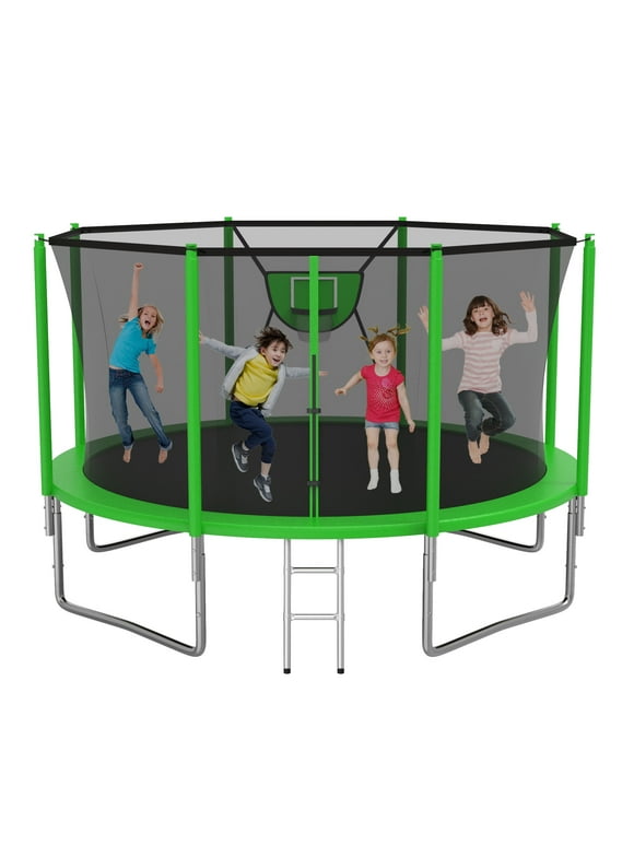 CITYLE Trampolines 12FT 14FT 16FT Trampoline with Enclosure, Outdoor Trampoline 12FT with Basketball Hoop, Galvanized Anti-Rust, Last Long and Heavy Duty Trampoline for 5-7 Kids and Adults