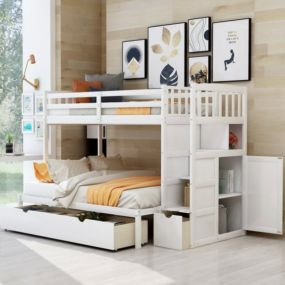 CITYLE Twin over Full Bunk Bed with Stairs, Convertible Bottom Bed, Bunk Bed with Drawers and Storage Shelves for Teens & Adults, Solid Pine Stairway Bunk Beds, No Box Spring Needed, White