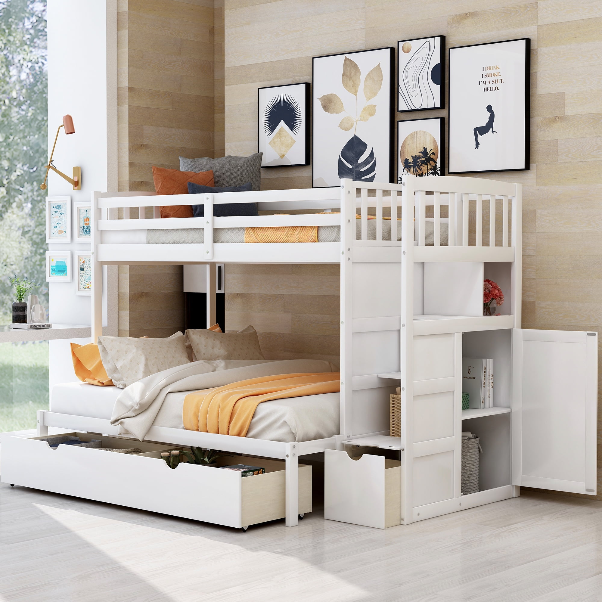 CITYLE Twin over Full Bunk Bed with Stairs, Convertible Bottom Bed