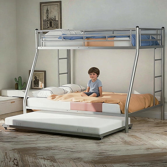 CITYLE Twin over Full Bunk Bed with Trundle, Metal Triple Bunk Bed for Teens and Adults with 2 Bulit-in Side Ladders, Noise Free, Easy Assembly, Silver