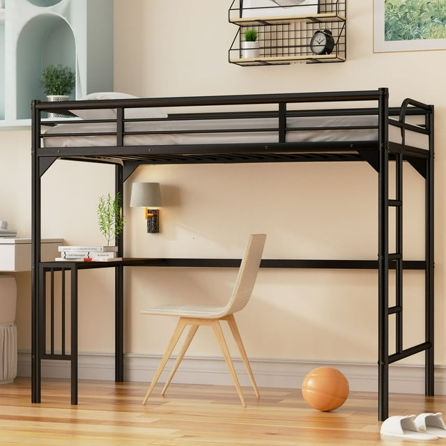 CITYLE Twin Metal Loft Bed with Desk, Ladder, and Guardrails, Twin Loft Bed for Kids, Teens, Adults | Sturdy and Durable | Space-Saving Design | No Box Spring Needed | Black