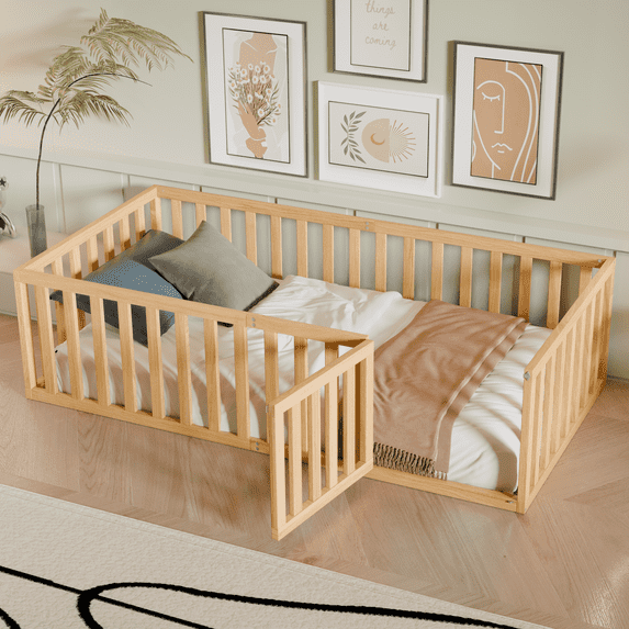DreamBuck Twin Size Floor Bed Frame with Fence and Door, Wood Montessori Bed with Safety Guardrails, Floor Bed Frame for, Boys, Girls, No Box Spring Needed,Natural(No Bed Slats)