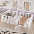 thumbnail image 1 of DreamBuck Twin Size Floor Bed Frame with Fence and Door, Wood Montessori Bed with Safety Guardrails, Floor Bed Frame for, Boys, Girls, No Box Spring Needed,White(No Bed Slats), 1 of 8