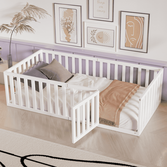 DreamBuck Twin Size Floor Bed Frame with Fence and Door, Wood Montessori Bed with Safety Guardrails, Floor Bed Frame for, Boys, Girls, No Box Spring Needed,White(No Bed Slats)