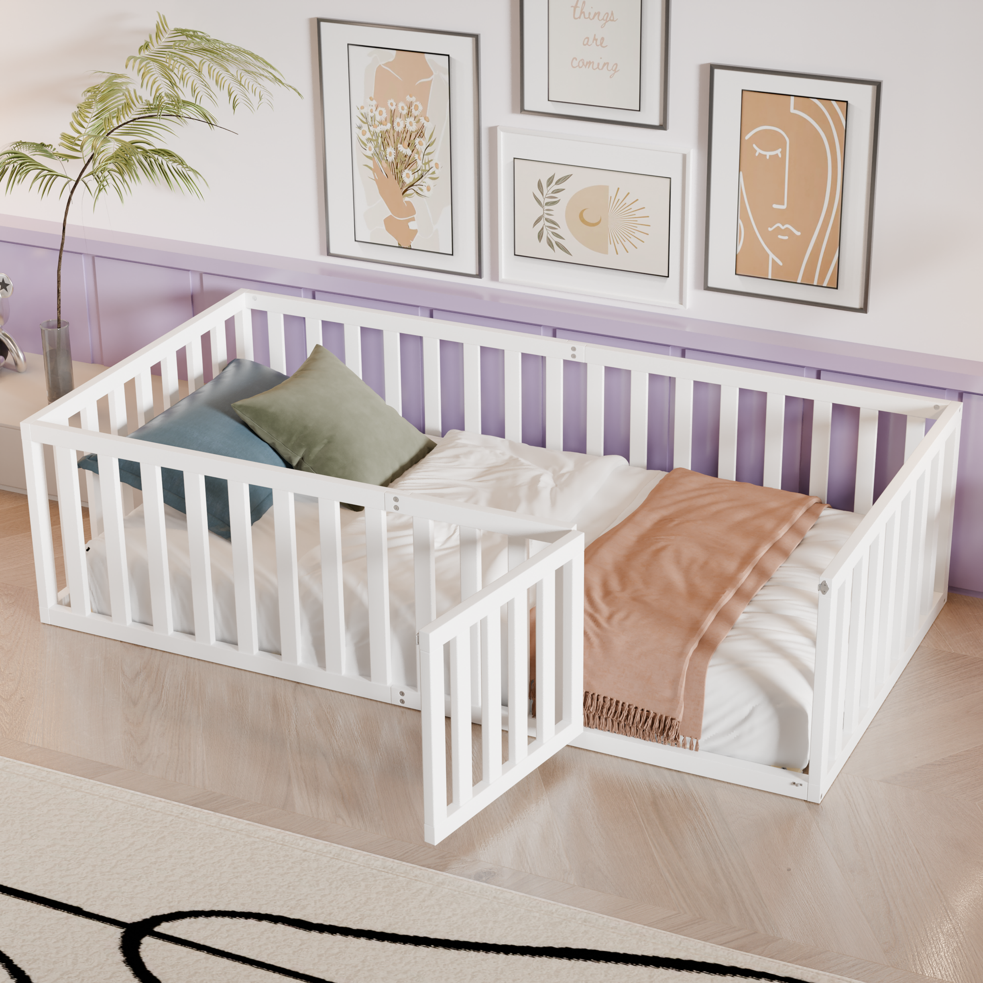 CITYLE Twin Size Floor Bed Frame with Fence and Door, Kids Wood Montessori Bed with Safety Guardrails, Floor Bed Frame for Kids, Boys, Girls, No Box Spring Needed,White(No Bed Slats)