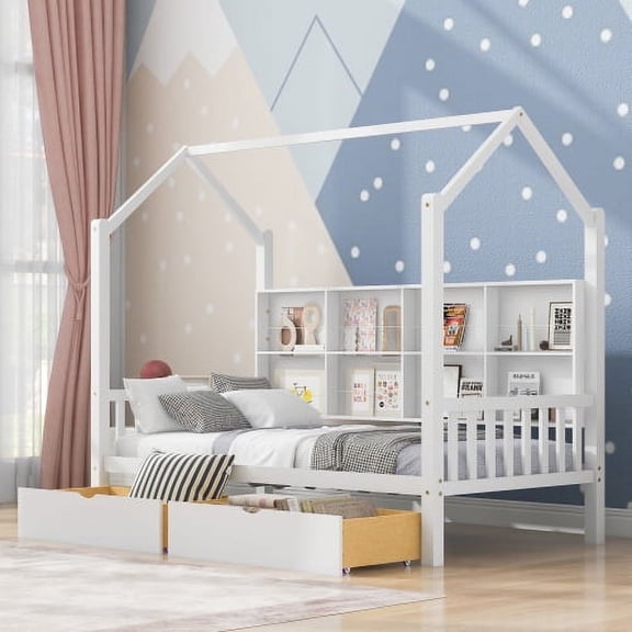 DreamBuck Twin Size House Bed with Drawers for, Montessori Bed with Storage Shelves,Wooden Bed Frame with Roof Design for Boys,Girls,White
