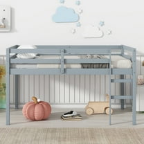CITYLE Twin Size Low Loft Bed with Ladder and Full-Length Guardrail, Wood Twin Loft Bed for Kids Teens Adults, Noise Free, Easy Assembly, Gray