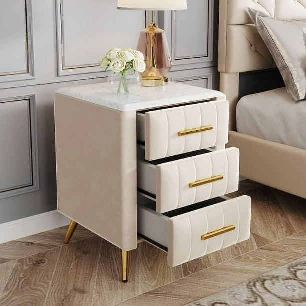 CITYLE Upholstered Nightstand with 3 Drawers and Metal Legs and Handles Fully Assembled Wooden Bedside Table End Table with Marbling Worktop Gray Walmart Business Supplies