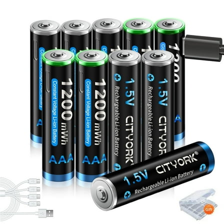 CITYORK 10 Pack 1200mWh 1.5V USB Lithium High Capacity AAA Rechargeable Batteries with 3 Pack Battery Case
