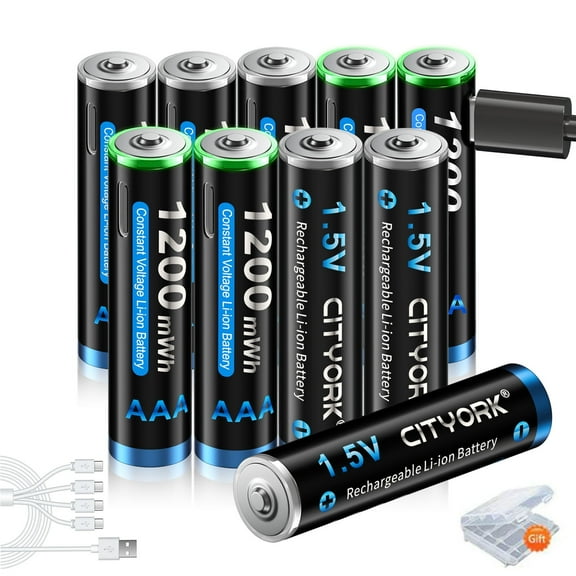 CITYORK 10 Pack 1200mWh 1.5V USB Lithium High Capacity AAA Rechargeable Batteries with 3 Pack Battery Case