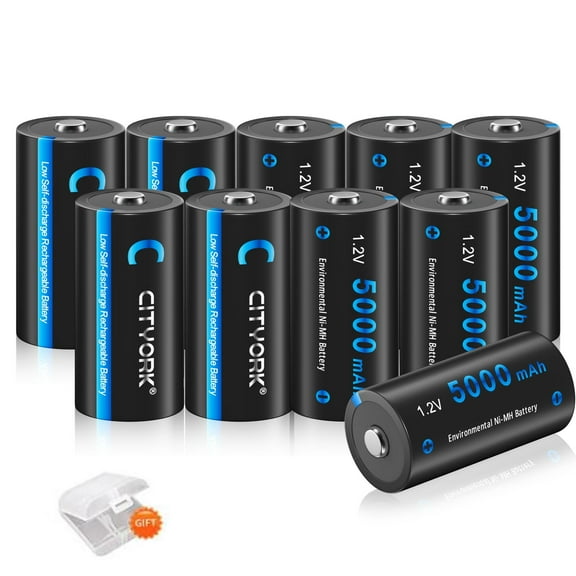 CITYORK 10 Pack 5000mAh 1.2V Ni-MH High Capacity C Size Rechargeable Batteries with 3 Pack Battery Case
