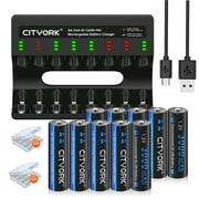 CITYORK 10 Pack AA 3000mAh Batteries with High Capacity Low Self Discharge 1.2V Ni-MH Rechargeable Batteries with 8 slot AA AAA LCD Smart 1.2v NiMH/NiCd Charger,Fast Charger