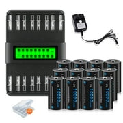 CITYORK 12 D Size High Capacity Low Self Discharge 1.2v Ni-MH Rechargeable Batteries with 16 Slots Intelligent Fast LCD Indicator USB Battery Charger For 1.2V AA AAA C D Size Ni-MH Batteries